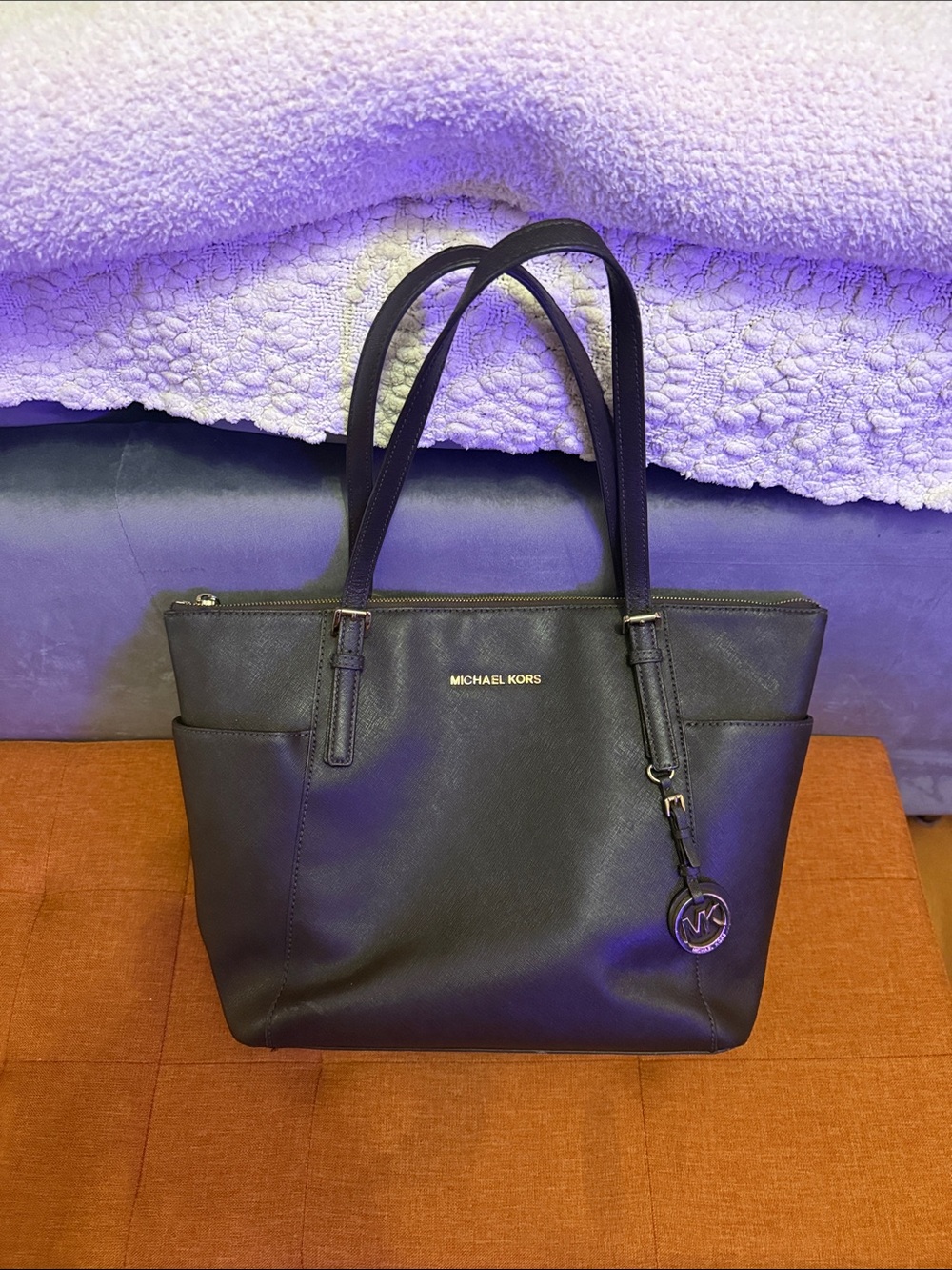 Michael Kors Black Saffiano Leather Tote with Logo Charm